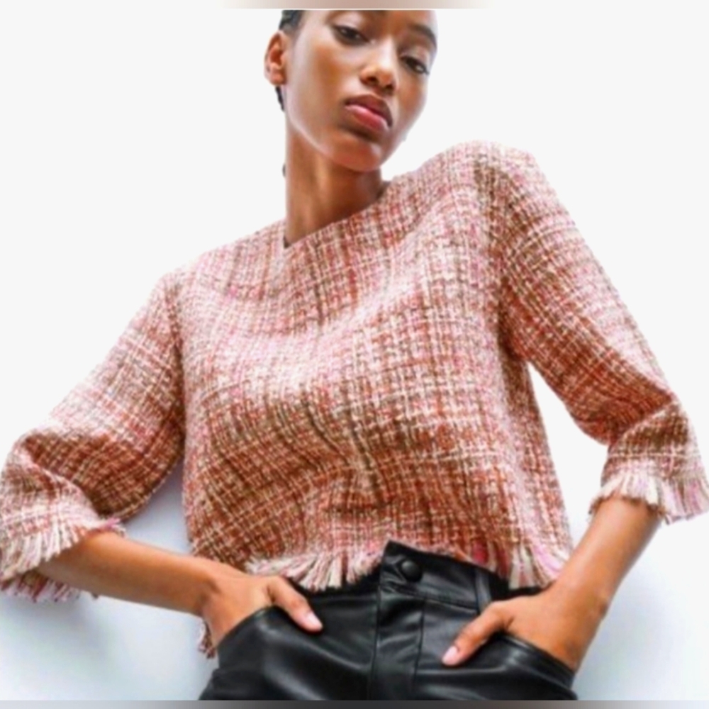 NWT Zara Fringe Boucle Tweed Cropped Blouse Top 3/4 Sleeve Pink Classic Small